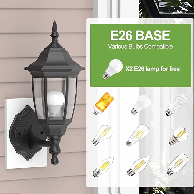 EMART Plastic Outdoor Wall Light Fixtures with Bulbs, Waterproof and Anti-Corrosion Porch Sconces, Exterior Lanterns Wall Mount Lamp for Outside, Garage, Front Door, House, Patio, 2 Pack, Black