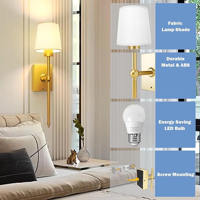 Upgrade Battery-Operated Wall Sconces Set of 2 pieces: Rechargeable Wall Lights 8000mAh with Remote Control, Gold Wireless Battery Powered Wall Lamp Wall Scone for Living Room Bedroom Hallway Bathroom