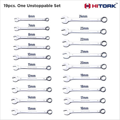 HITORK 19 Piece Metric Combination Wrench Set (6–24mm) Cr-V Steel Mirror Chrome Finish 12-Point Box End, 15° Offset, Roll-Up Pouch – Durable Open End Wrench Set for Home, Garage & Auto Repair