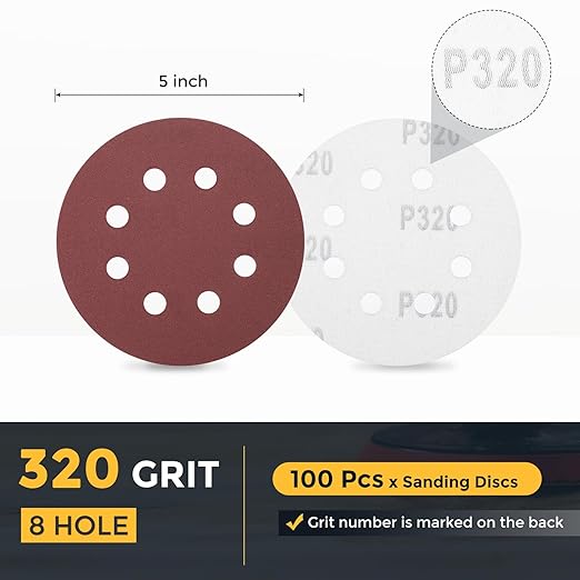 HARFINGTON 100 Pcs 5 Inch Sanding Discs, 320 Grit Hook and Loop Sandpaper, 8-Hole Aluminum Oxide Orbital Sander Sandpaper for Woodworking Automotive Metal Polishing, Red