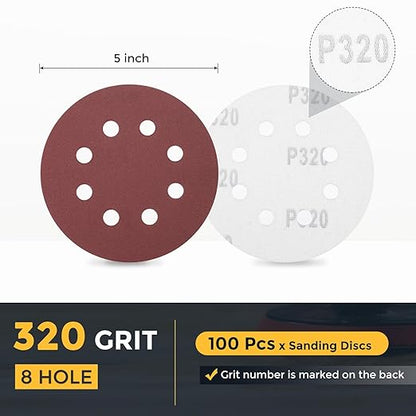 HARFINGTON 100 Pcs 5 Inch Sanding Discs, 320 Grit Hook and Loop Sandpaper, 8-Hole Aluminum Oxide Orbital Sander Sandpaper for Woodworking Automotive Metal Polishing, Red