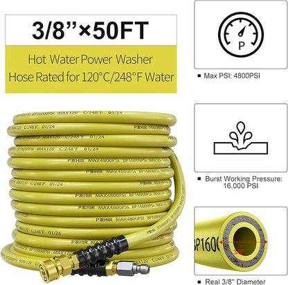 POHIR 50ft Pressure Washer Hose 3/8" 4800 PSI, Power Washer Hose with 3/8 Quick Connect, Hot & Cold Water Hose Max 248°F, Commercial Industrial Grade Steel Wire Braided Kink Proof Extension Hose