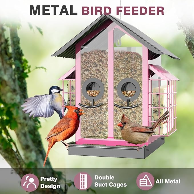 Bird Feeders for Outdoors, Metal Bird Feeder with Double Suet Cage Weatherproof Metal Roof, 2 in 1 Mixed Seeds Suet Feeder, 4Lbs Large Capacity, Great for Finch、Cardinal、Chickadee（Pink）