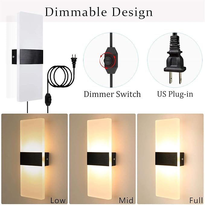 Lightess Plug in Wall Sconces Set of 2, Wall Lamp Plug in with 10%-100% Stepless Dimmable, 12W Acrylic LED Wall Lights for Bedroom Living Room