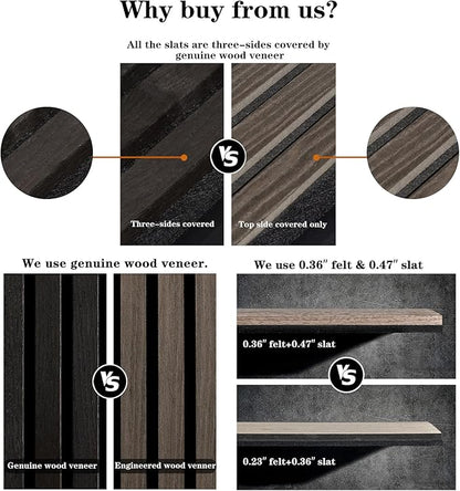Wood Panels for Wall, Wood Slat Wall Panel - 2 Pack, Black Wood Slats for Wall, Natural Smoked Wood Veneer Accent Wall Panels, Acoustic Slat Wood Wall Panels - 12.6" W x 94.5" L