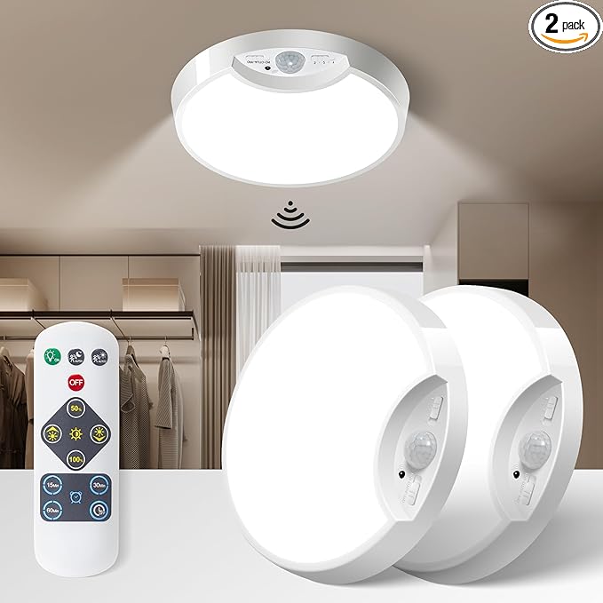 Homelist Rechargeable Ceiling Light Motion Sensored, Battery Operated Lights with Remote, Wireless Ceiling Light for Closet, Stairs, Shower, Bathroom, Bedroom, Hallway, Garage, Porch, Shed-2 Pack