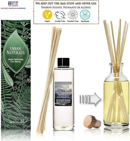 Urban Naturals Reed Diffuser Oil Refill, Crisp Alpine Air Diffuser Oils with Eucalyptus, Pine, Citrus, 4 oz + Free Reed Sticks, Made in the USA