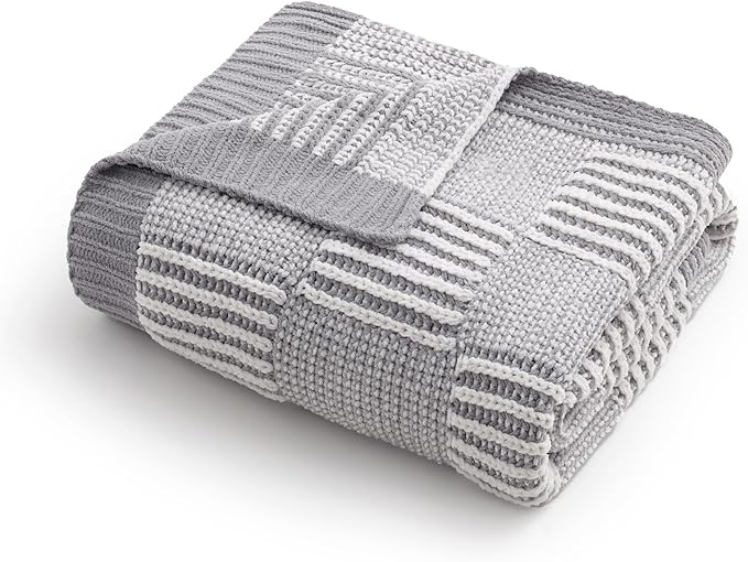 Amélie Home Checkered Knit Throw Blanket for Couch, Chenille Texture Decorative Soft Blanket for Sofa & Chair, 50"x60", Grey & White