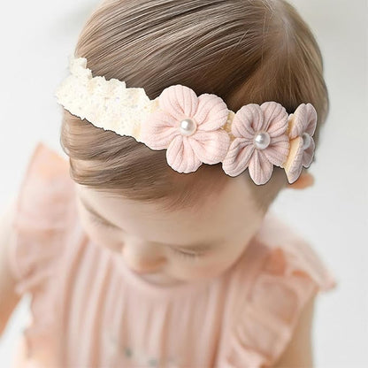 Handmade Baby Girl Headbands in Beige and Pink Lace Flowers for Newborns and Toddlers Cute Baby Girl Flowers and Newborn Headbands (Pink flowers, One Size)