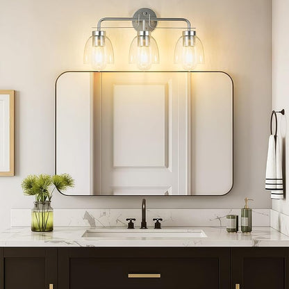 21 Inch Vanity Lights, 3-Light Silver Vintage Industrial Bathroom Light Fixtures with Bell Bubble Glass Shade, Wall Sconce for Bathroom Mirror, Bedroom, Hallway