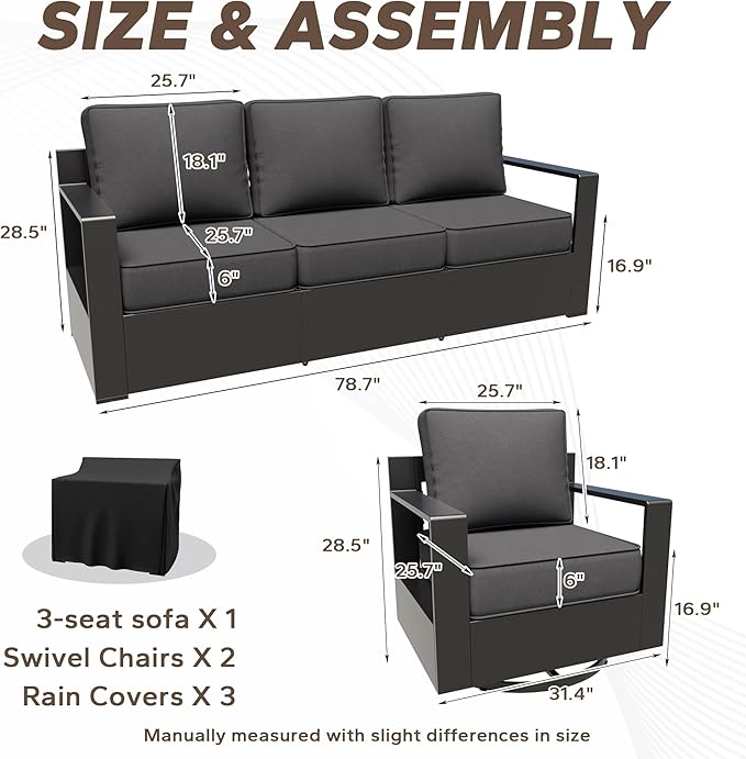 Aluminum Patio 79" Sofa Set with 2 Swivel Rocker Chairs, All Weather Outdoor Conversation Furniture with Metal Armrest & 6" Removable Cushions & Furniture Covers for Deck (Grey)