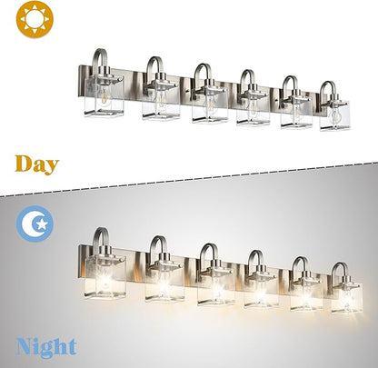 6-Light Bathroom Light, Brushed Nickel Vanity Light Fixture Over, Mirror,Modern Wall Lamp with Clear Glass Shade Wall Sconce Lighting for Living Room, Bedroom, Hallway