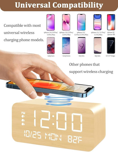 Digital Alarm Clock, with Wooden Electronic LED Time Display, 3 Alarm Settings, Humidity & Temperature Detect, Wood Made Electric Clocks for Bedroom, Bedside (Yellow-Wireless)