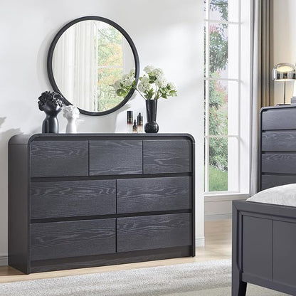 Modern 7 Drawers Dresser for Bedroom, 47" Wide Wood Dressers & Chests of Drawers w/Curved Profile Design, Mid Century Modern Dresser w/Natural Texture for Bedroom, Living Room, Black
