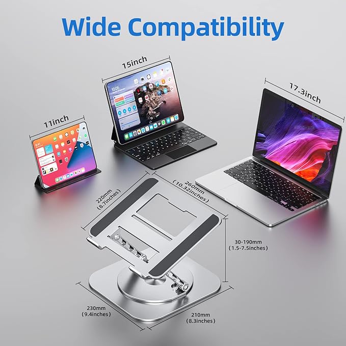 MCHOSE Laptop Stand with 360° Rotating Base, Foldable Adjustable Computer Holder, Ergonomic Design Compatible with MacBook Air Pro, Dell XPS, HP, Lenovo More 10-17" (A-Silver)