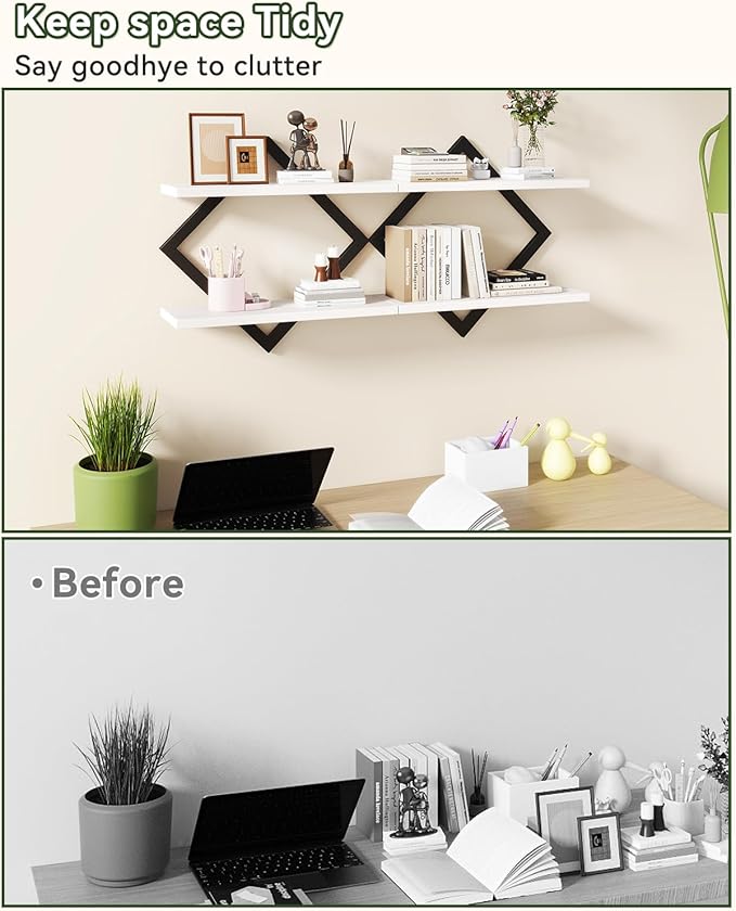 IBUYKE Floating Shelves,15 Inch Wall Shelf Set of 2,Wall Mounted Shelves,2 Tier Hanging Decorative Storage Shelf for Living Room, Bedroom, Bathroom, Kitchen TFS003W-2