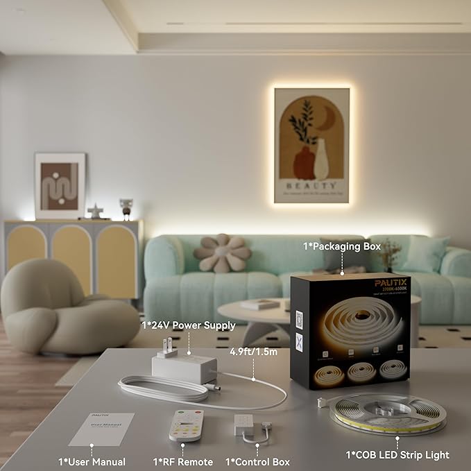 PAUTIX CCT COB LED Strip Light White Tunable 3200LEDs,CRI90+ 16.4ft/5m Dimmable 2700K-6500K 24V LED Tape Lights Kit,Work with Alexa/Google Assistant,for Under Cabinet Bedroom Kitchen DIY Lighting