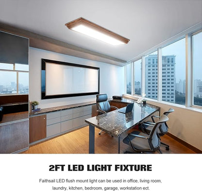 FAITHSAIL 2FT LED Light Fixture with 3000K/4000K/5000K CCT Selectable Dimmable 2 Foot LED Linear with Wooden Look 30W 3300LM Flush Mount Ceiling Wraparound for Kitchen, Bedroom, Laundry, 2 Pack