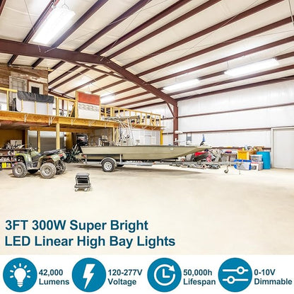2-Pack 300W High Bay LED Shop Lights, Power Tunable 300W/240W/200W, 4000K/5000K Selectable, 3FT 42000LM 100-277V, Linear High Bay Lights for Warehouse Workshop Supermarket Stadium, ETL