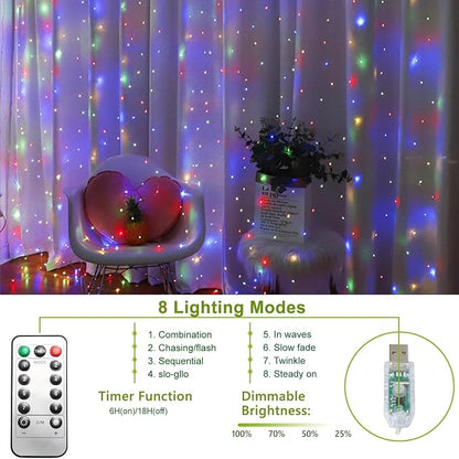 300 LED Curtain String Lights, Fairy Lights with 8 Light Modes, 9.8x9.8Ft Remote USB Plug Fairy String Lights for Christmas, Bedroom, Indoor, Outdoor, Weddings, Party, Camping Decor (Multicolored)