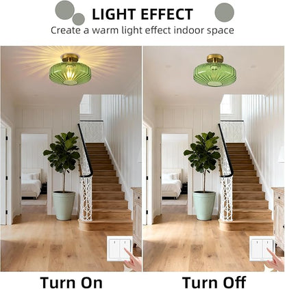 Semi Flush Mount Ceiling Light,11.8 Inch Vintage Green Glass Ceiling Light Fixture,Art Deco Kitchen Lighting Fixtures Ceiling for Hallway Porch Bedroom Bathroom Dining room,E26 Base(Bulb Not Included)