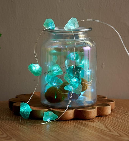 Natural Fluorite LED String Lights for Bedroom 6.5 FT USB/Battery Operated Blue Fairy Lights Sea Glass Crystal Decor Perfect Decorative Light for Bedroom Sea Glass Christmas Tree Kit