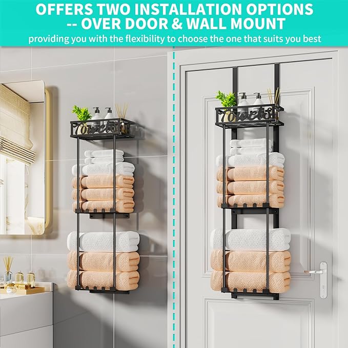 HapiRm Towel Rack Bathroom Storage - 3 Tier Over The Door & Wall Mounted Rolled Towel Racks Holder Organizer with Metal Shelf and 6 Hooks for Small Bathroom, Camper, Rv - Black (for 1.77 in Doors)