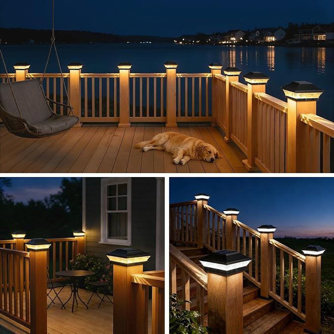 Solar Post Cap Lights Outdoor 12-Pack, Waterproof Solar Fence Post Lights Fit 3.5x3.5 4x4 Wood/Vinyl Posts, Solar Powered Deck Post Lights with 2 Modes(Warm/Cool White), Ideal for Garden Patio, Black