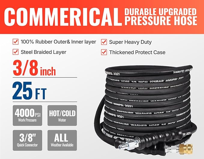 YAMATIC 3/8" Pressure Washer Hose 25FT Hot Water Power Washer Hose Max 212°F with Swivel Quick Connect, 4000 PSI Commercial Grade Steel Wire Braided & Synthetic Rubber Jacket, Kink Resistant