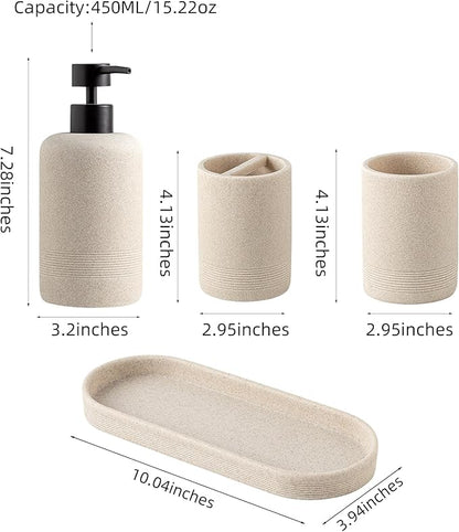 Bathroom Accessories Set, 6 PCS Modern Bathroom Accessory Set with 13.5 OZ Soap Dispenser, Toothbrush Holder, Vanity Tray, Tumbler, 2 PCS Qtip Holders (Beige 4PCS)