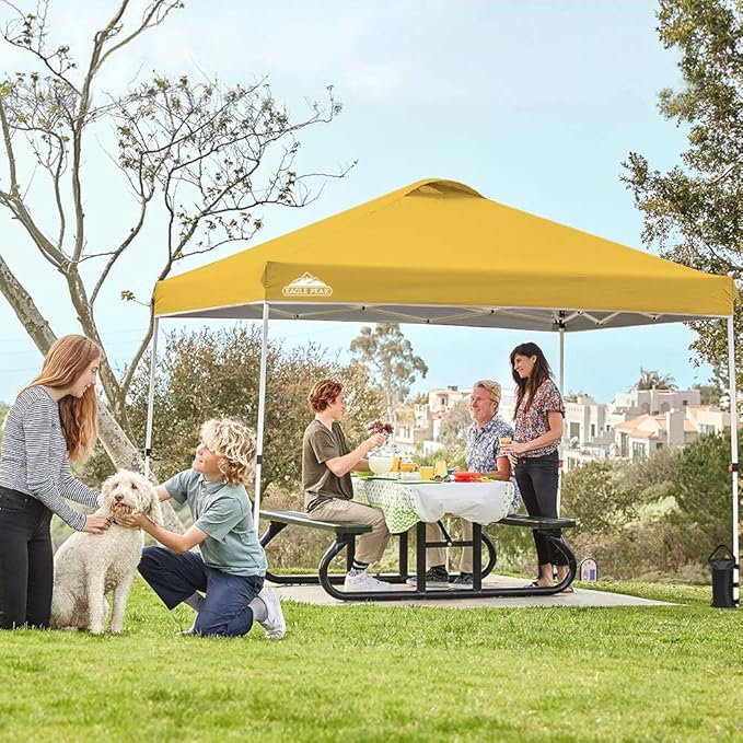 EAGLE PEAK Pop Up Canopy Tent with Wheeled Carry Bag, 8 Stakes, 4 Ropes, 4 Weight Bags, Easy Set Up Tent Canopy, 10x10 ft, 100sqft of Shade, Yellow