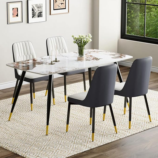 Modern Dining Table Set for 4, 62'' Sintered Stone Table, 4 Chairs, Easy to Assemble