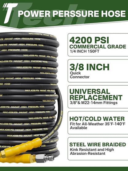 4200PSI Pressure Washer Hose 150FT with 3/8" Swivel Quick Connect for Cold/Hot Water, Kink Resistant Steel Wire Braided, Wear Resistant Power Washer Hose with 2 M22 14mm Adapter Set