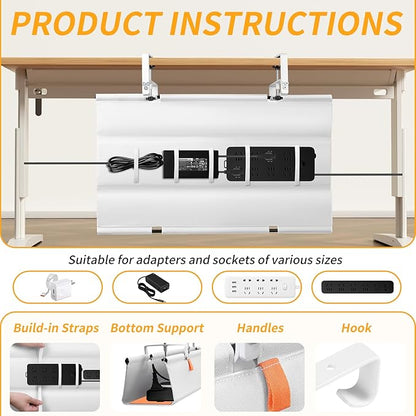 Under Desk Cable Management Tray with Clamp, No Drill 28" Cord Organizer for Desk, Desk Cable Management Fabric Tray for Standing Desks, Ideal for Home & Office - White