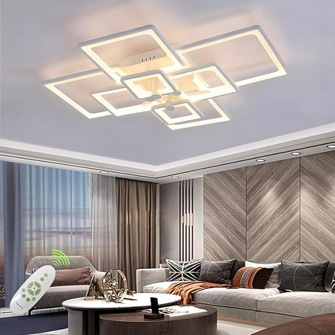 Modern LED Ceiling Light,41.7in White Modern LED Ceiling Light Dimmable for Living Room,8 Square Frame Acrylic with Remote Ceiling Lamps for Kitchen Bedroom Dining Room