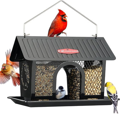 Kingsyard Metal Bird Feeders for Outdoors Hanging, Wild Bird Feeder with Seed Tray and Weatherproof Roof, 3 lbs Seed Capacity, Black