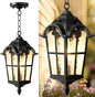 18" Outdoor Pendant Light Dusk to Dawn for Porch, Anti-Rust Aluminum Chandelier, Waterproof Exterior Hanging Lighting Fixture with Ripple Glass for Gazebo, Black with Golden Edge
