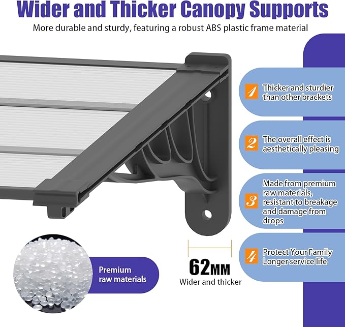 Door Awning Window Canopy, Modular Spliced Awnings for Outside,Porch,Patio,Deck,Polycarbonate Sheet,UV, Rain, and Snow Protection (Black Bracket & Transparent Board, 35 * 48'')