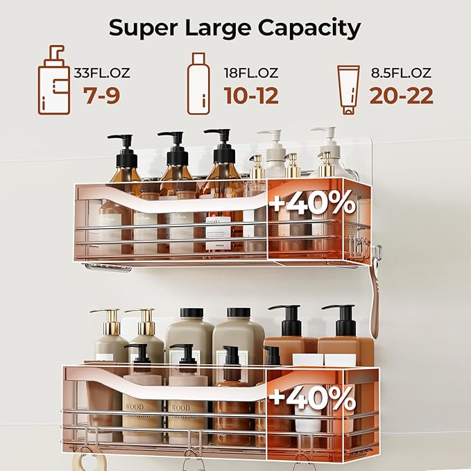 Orimade Shower Caddy Basket Shelf with 5 Hooks Adhesive Organizer Storage Rack Rustproof Wall Mounted Stainless Steel No Drilling for Bathroom, Toilet, Kitchen - 2 Pack