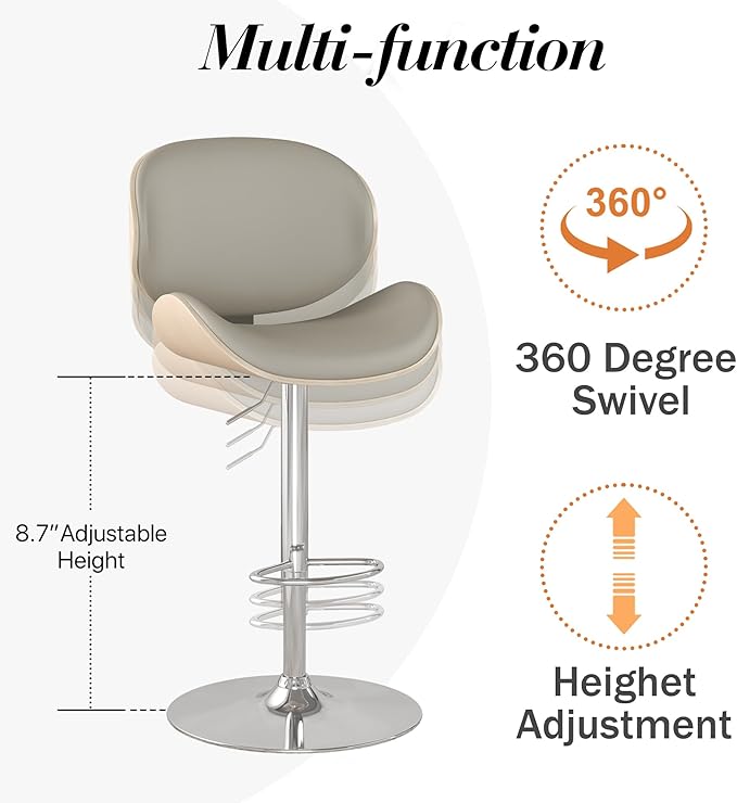 Adjustable Swivel Bar Stools Set of 4, Modern Bentwood Barstool with Large Metal Base and Footrest, PU Leather Upholstered Bar Chair with Curved Back for Kitchen Island Dining Room, Gray