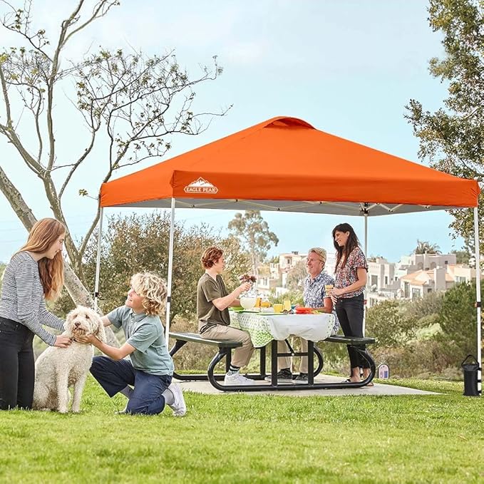 EAGLE PEAK Pop Up Canopy Tent with Wheeled Carry Bag, 8 Stakes, 4 Ropes, 4 Weight Bags, Easy Set Up Tent Canopy, 10x10 ft, 100sqft of Shade, Orange