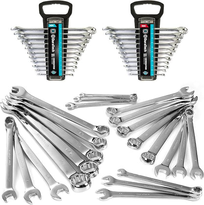DURATECH Combination Wrench Set, SAE & Metric, 22-piece, 1/4'' to 7/8'' & 8-19mm, CR-V Steel, Organized in Wrench Holder