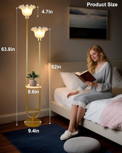 Lightdot Dimmable Flower Floor Lamp with Table for Living Room, Modern Mid Century Gold Metal Tall Standing Lamp for Bedroom/Sofa Beside/Corner Decor (Bulb Included)