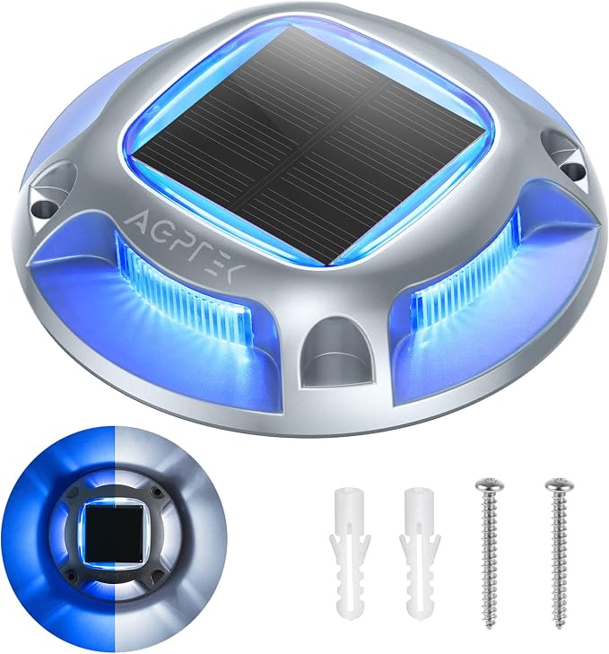 AGPTEK Solar Driveway Lights Outdoor 1 Pack, 2 Color Modes LED Deck Dock Marine Waterproof Security Marker Lights for Step Sidewalk Stair Garden Pathway Walkway Yard(Blue Light/Cool White)