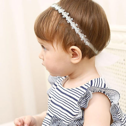 Baby Girl Super Elastic Headband - 1Pcs White Cotton Lace Toddler Hair Band Christening Headband Toddler Elastic Lace Headband Infant Soft Turban Baby Hair Accessories for Newborn Kids Girls Gifts