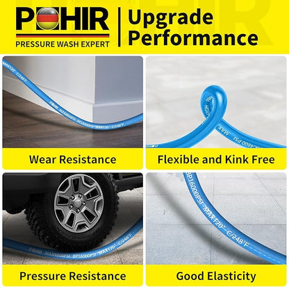 POHIR 25ft Pressure Washer Hose 3/8" 4800 PSI, No Marking Kink Free Hose with Quick Connect Ends and Adapters for Hot & Cold Water up to 248°F, Steel Wire Braided Hose for Power Washing