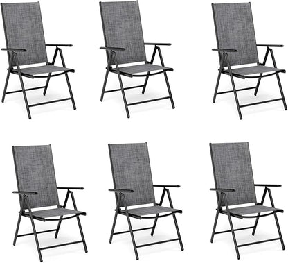 MFSTUDIO Patio Folding Chairs Set of 6, Outdoor Patio Dining Chairs, Portable Grey Sling Patio Chairs, 7 Levels Adjustable Sling Back Chairs for Backyard Lawn Garden
