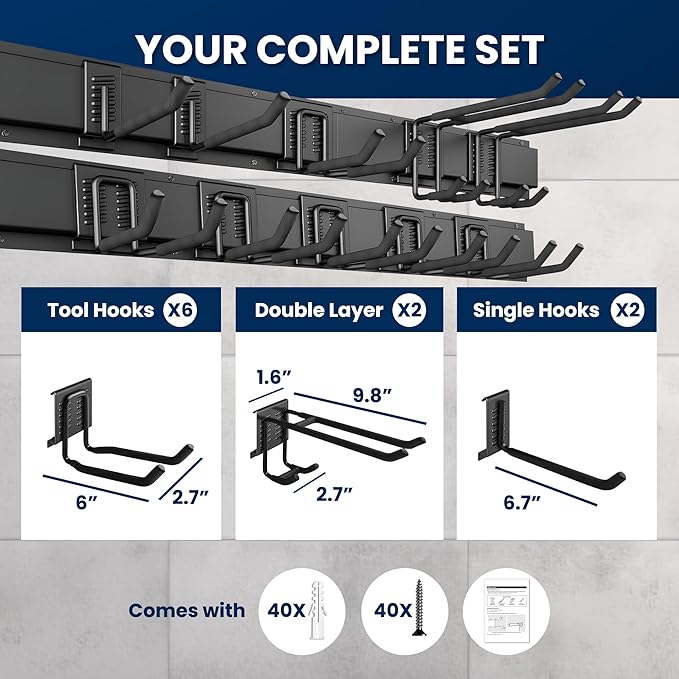 64'' All-Metal Garage Tool Organizer Wall Mount – Heavy-Duty Tool Rack Holds 680 lbs, Adjustable Hooks for Garage, Yard, and Garden Equipment
