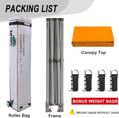 Eurmax USA Standard 10x10ft Patio Pop Up Canopy Tent for Outdoor Events Commercial Instant Canopies with Heavy Duty Roller Bag,Bonus 4 Canopy Sand Bags(Orange)