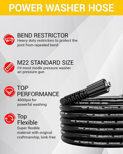 POHIR Pressure Washer Hose 25FT 4000PSI, 1/4 Inch M22 Kink Resistant Power Washing Replacement Hose, Lightweight Pressure Washer Extension Hose